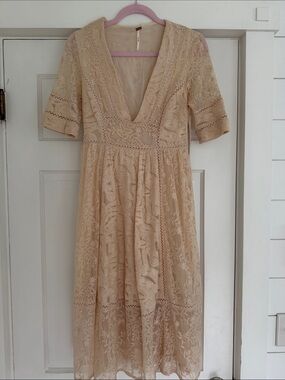 Free People Beige Lace V-Neck Midi Dress